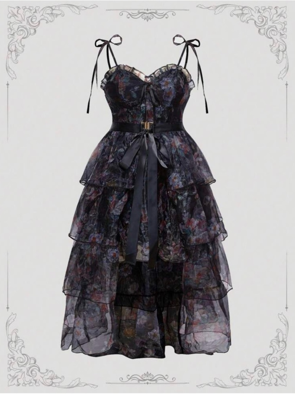 Tiered Black Floral Midi 2 in 1 Dress with detachable skirt